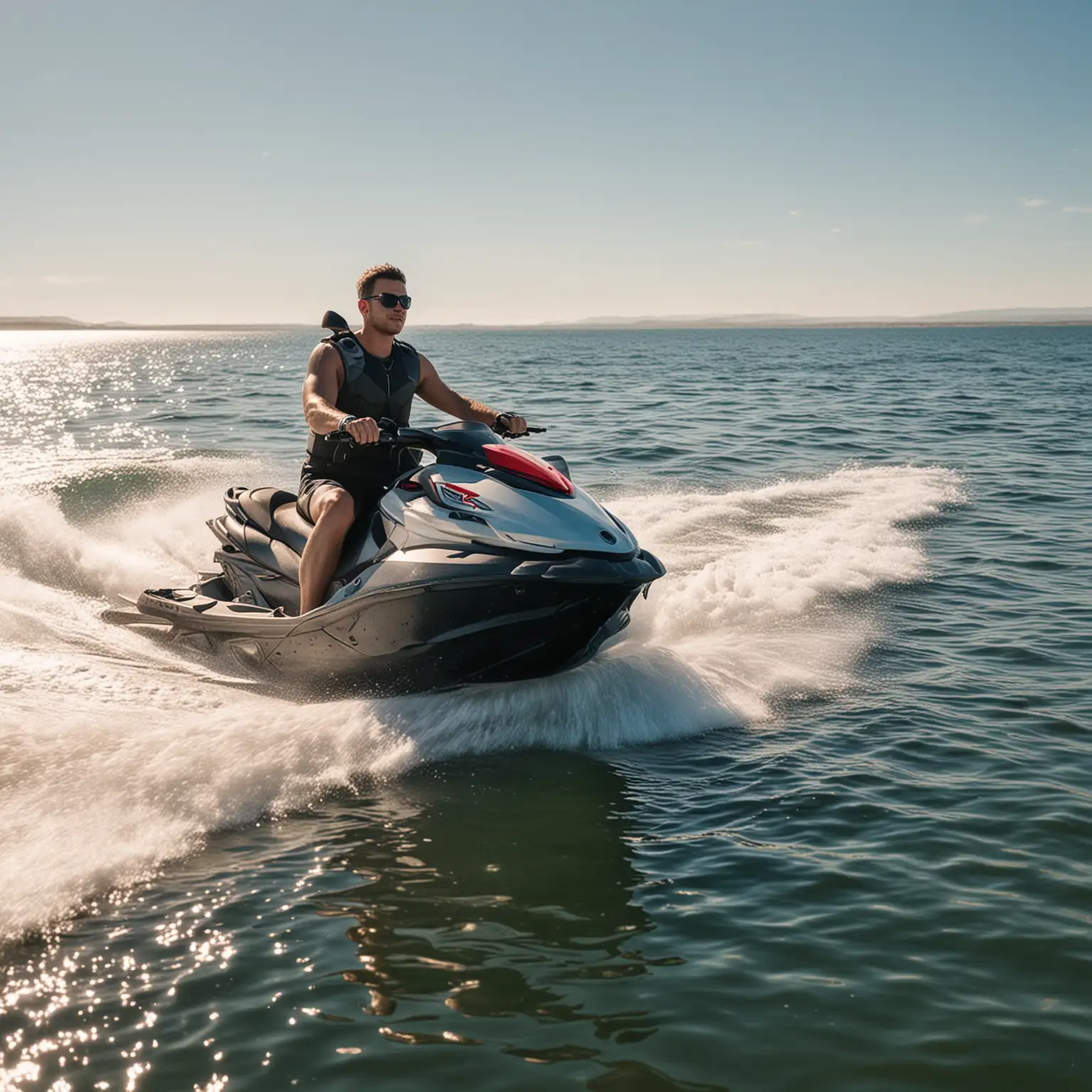 a man sitting on a jet ski, sunny day, the water is calm 