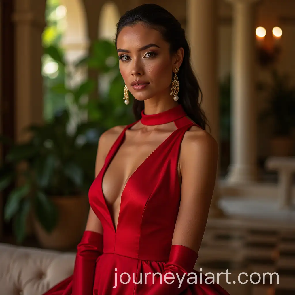 Elegant-Boa-Hancock-Portrait-in-Red-Dress-at-Tropical-Palace-Setting