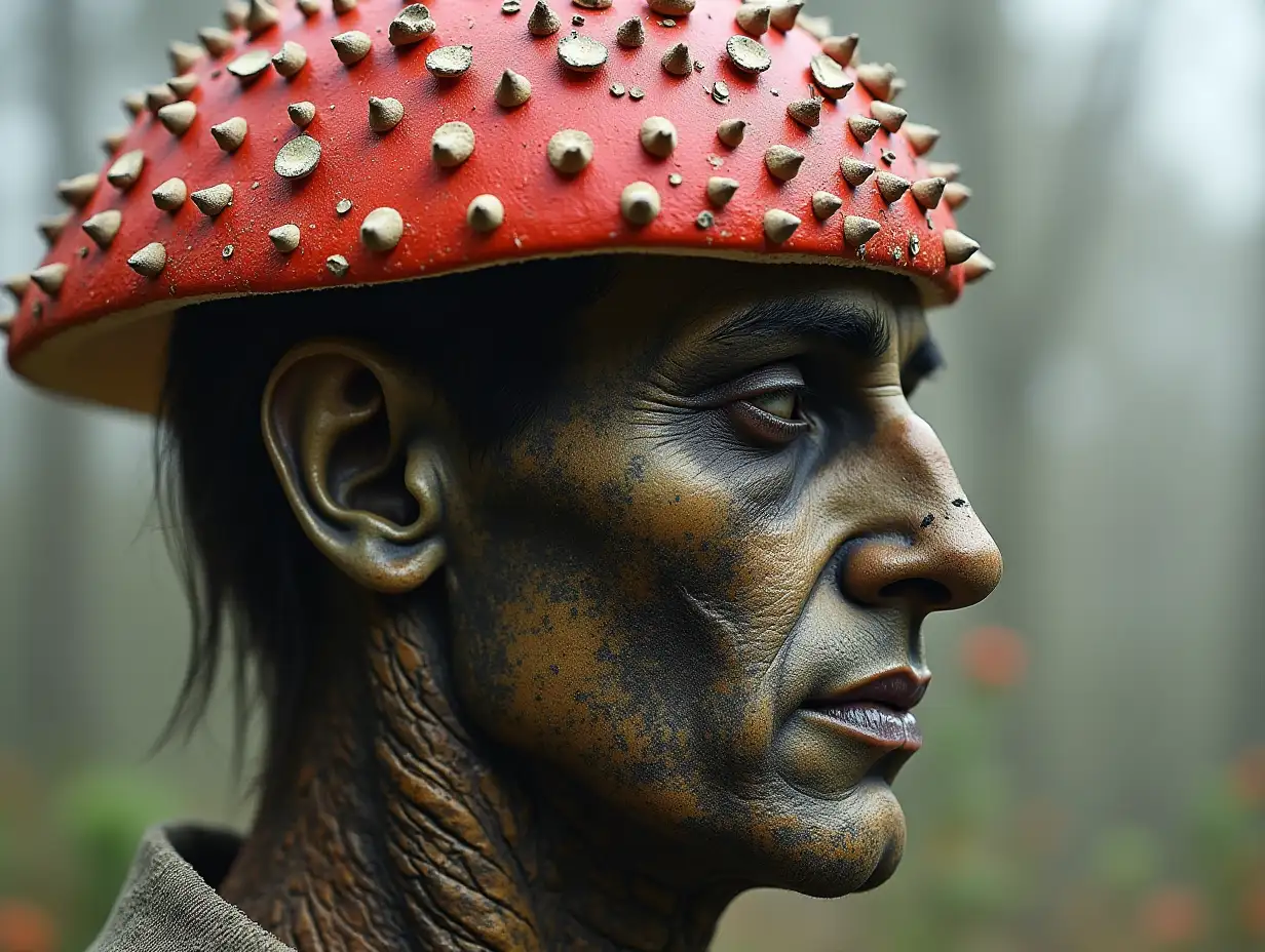 Face with grey and red fly amanita roots transformed into building