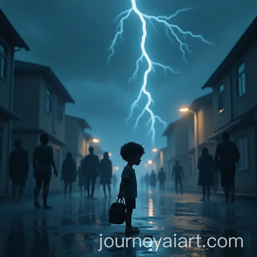 Lonely-Boy-in-the-Rain-on-an-Empty-Street-with-Shadowy-Figures
