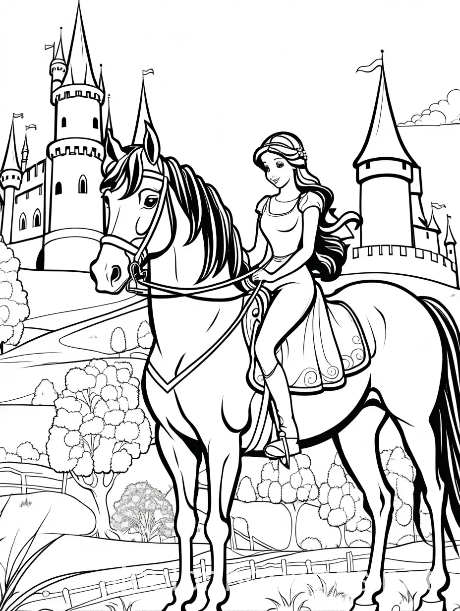 Enchanting-Princess-and-Horse-in-Front-of-a-Majestic-Castle-Coloring-Page