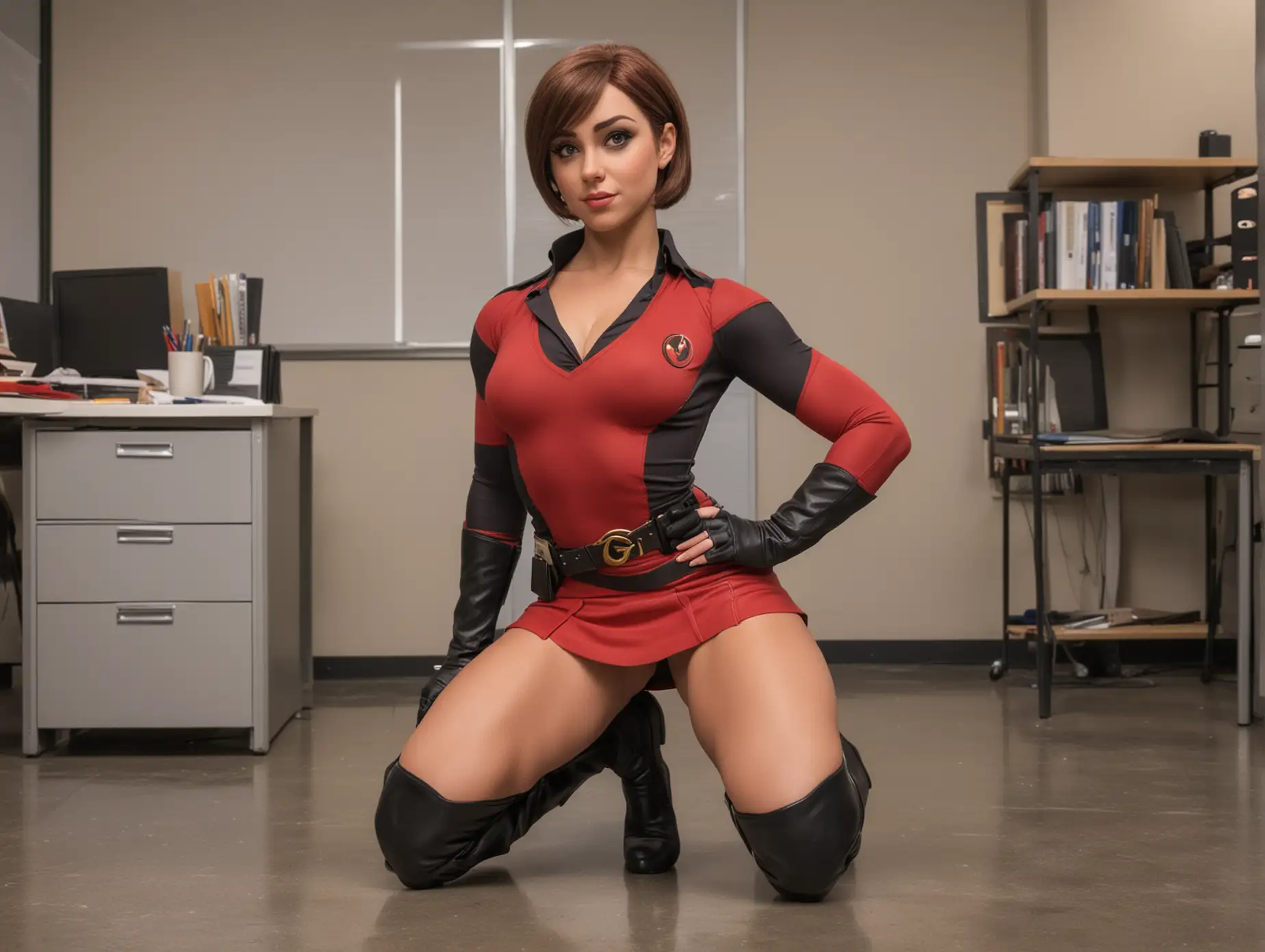 Elastigirl-with-Muscular-Thighs-in-Mini-Skirt-and-Boots-Kneeling-in-Empty-Office