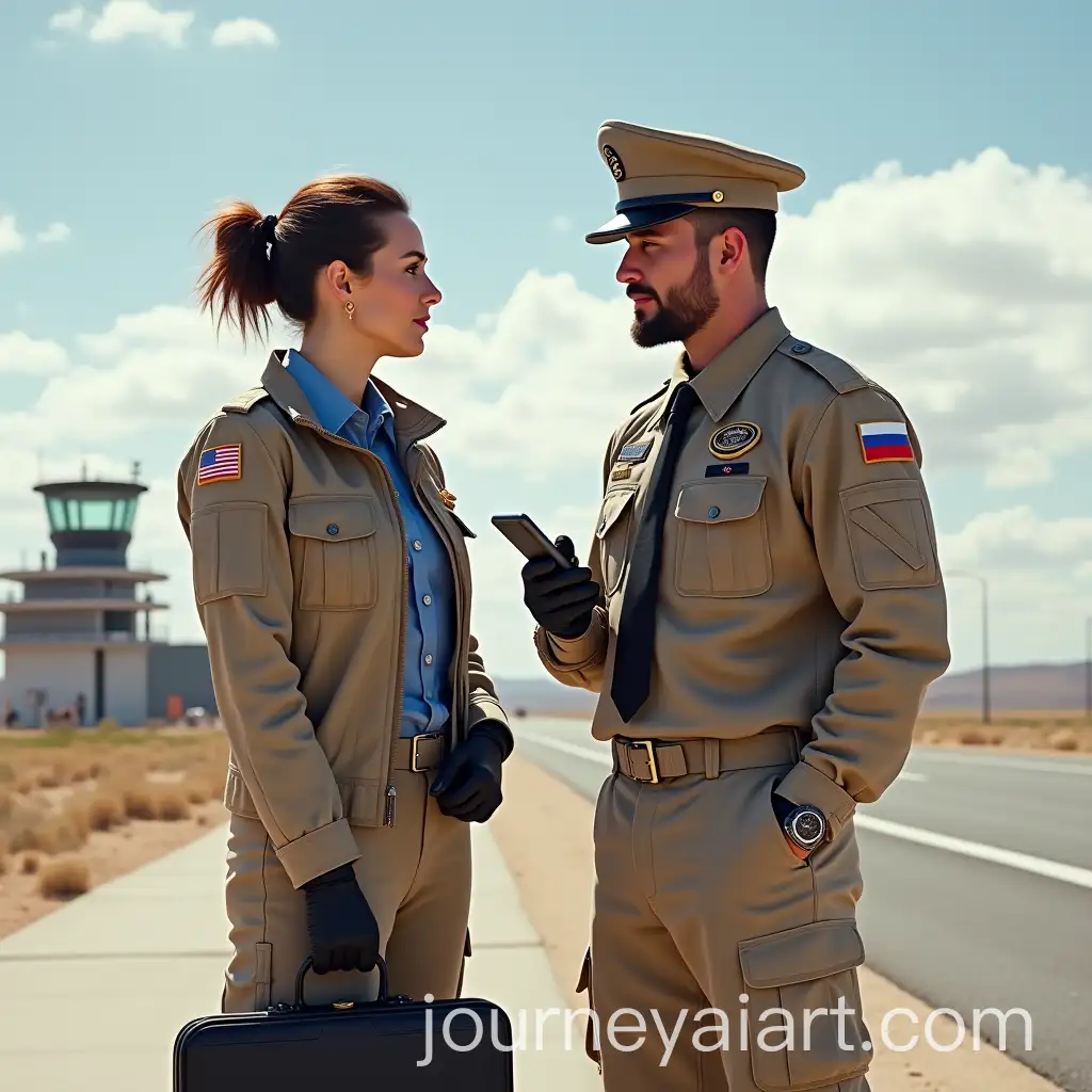 Female-and-Male-Military-Pilots-Standing-by-Military-Building-in-Desert-with-Aircraft-Hangars