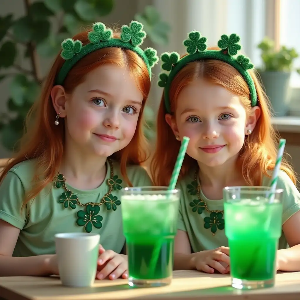 St. Patrick's Day theme, a high-resolution photo shows two young girls with reddish brown hair sitting at a table. They were wearing light green tops decorated with alfalfa shaped ornaments. On their heads, they wear headbands decorated with green furry material and multiple lilacs. Earrings in the shape of clover are hung around the ears, and a green clover themed necklace is hung around the neck. On the table in front of them were glass bottles filled with bright green drinks, each with a straw. There is also a white cup nearby. The background is gently blurred, displaying some green plants and a comfortable, well lit room, creating a warm and festive atmosphere.