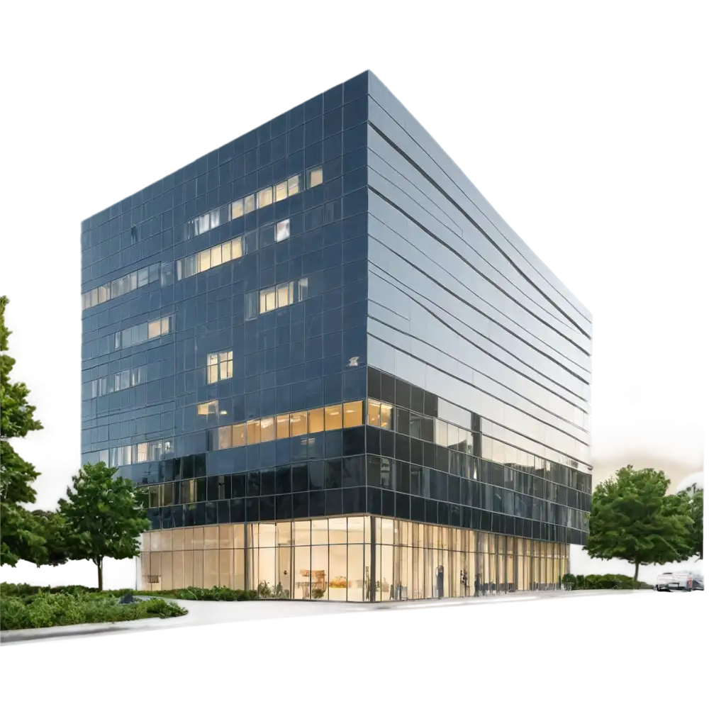 A luxurious, modern office building with sleek glass and steel architecture, featuring tall, elegant design and large reflective windows. The name 'ZOORATOR' is prominently displayed on the front facade in bold, professional lettering, making it a key feature of the building's exterior. The building has clean lines and premium design elements like vertical metal panels and minimalist lighting accents. The scene is realistic, set in daylight with soft shadows and a clear sky. PNG format with transparent background, building centered and isolated, with the name 'ZOORATOR' clearly visible on the structure.