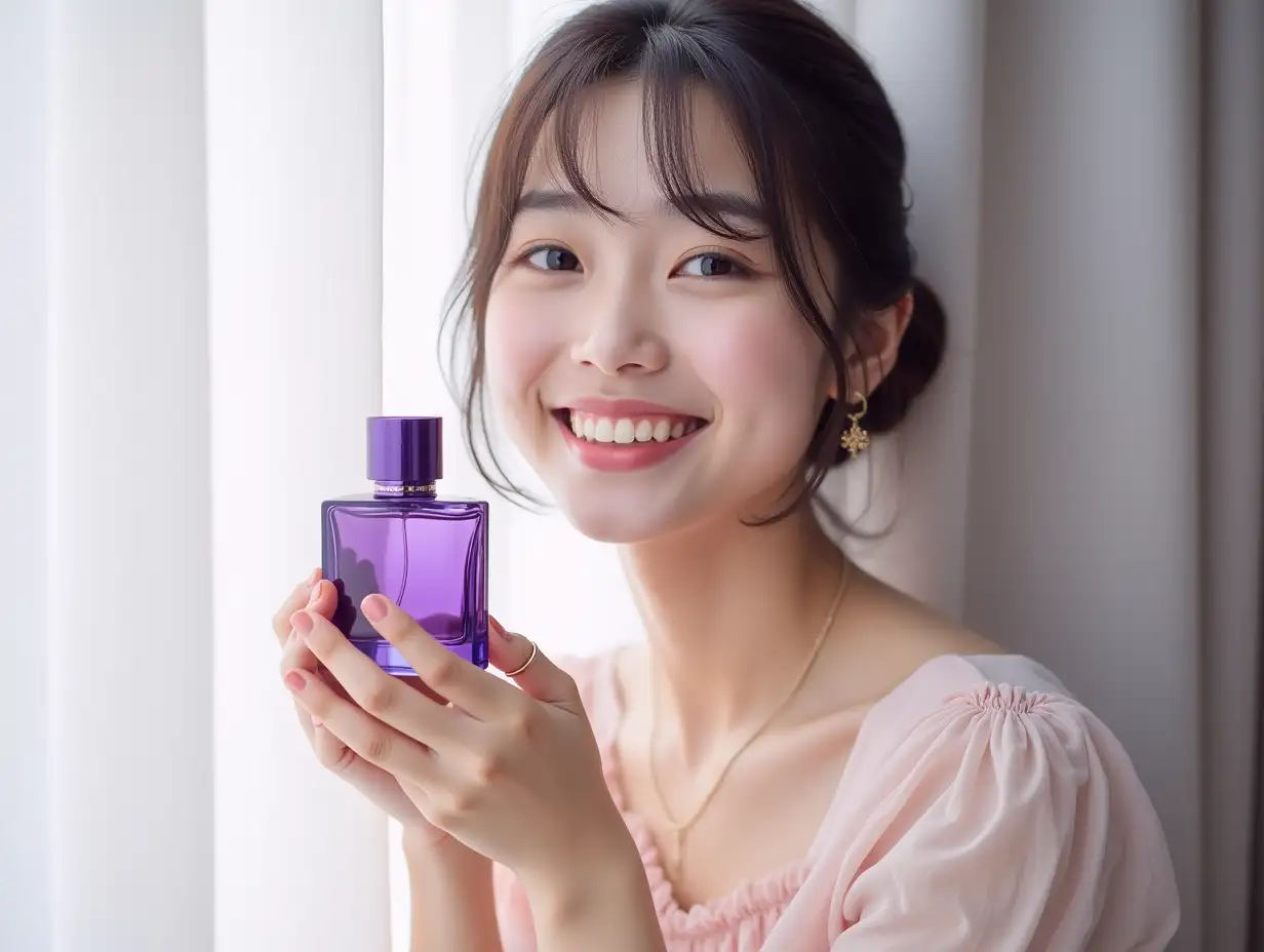 Asian-Girl-Holding-Purple-Perfume-Bottle-in-Brightly-Lit-Setting