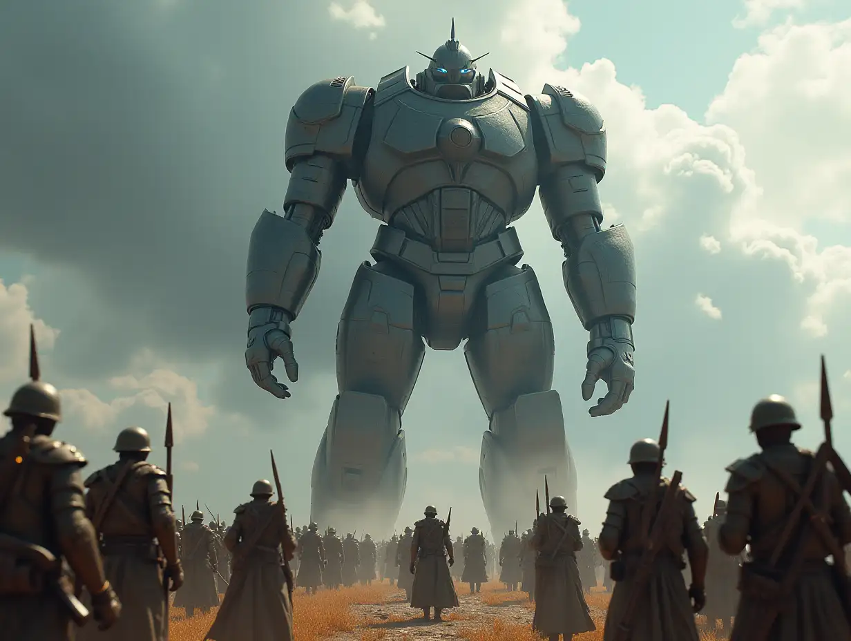 Create ki fantasy with a high-resolution, realistic image of the artificial Robert, 40 meters tall, and soldiers with weapons on the Europamond in 4k resolution