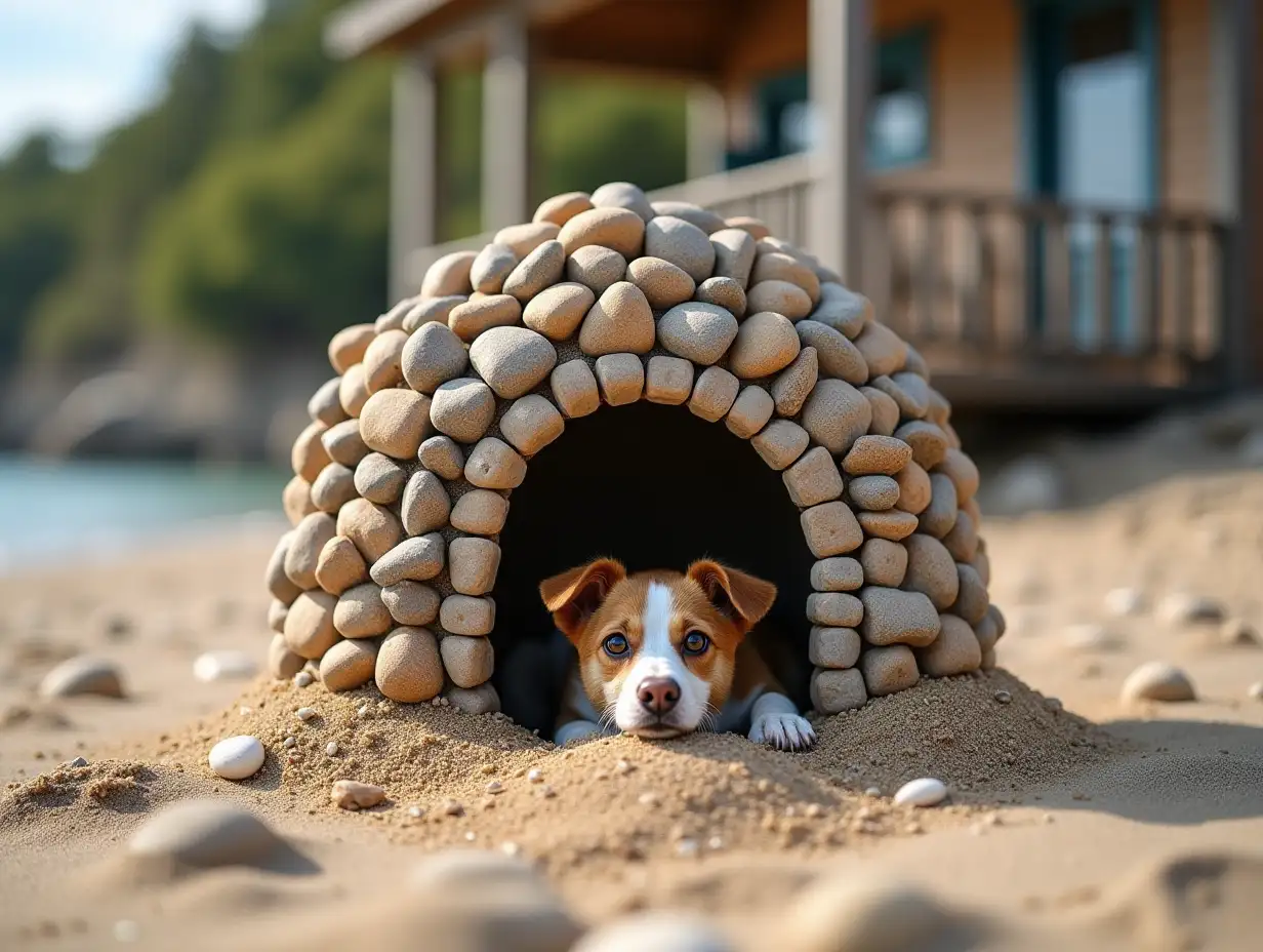 a dog house made of  beach pebbles with sand inside it sits outside a lovely wooden cottage with a verandah  on a beach, deep depth of field, all elements sharp