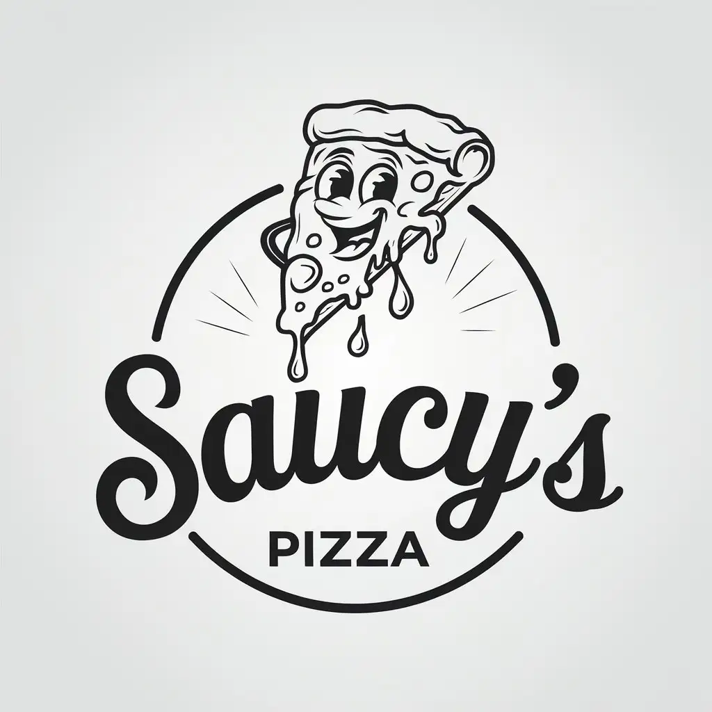 LOGO Design for Saucys Pizza Monochrome Pizza Slice Cartoon Character with Dripping Sauce and Cheese Curved Lettering