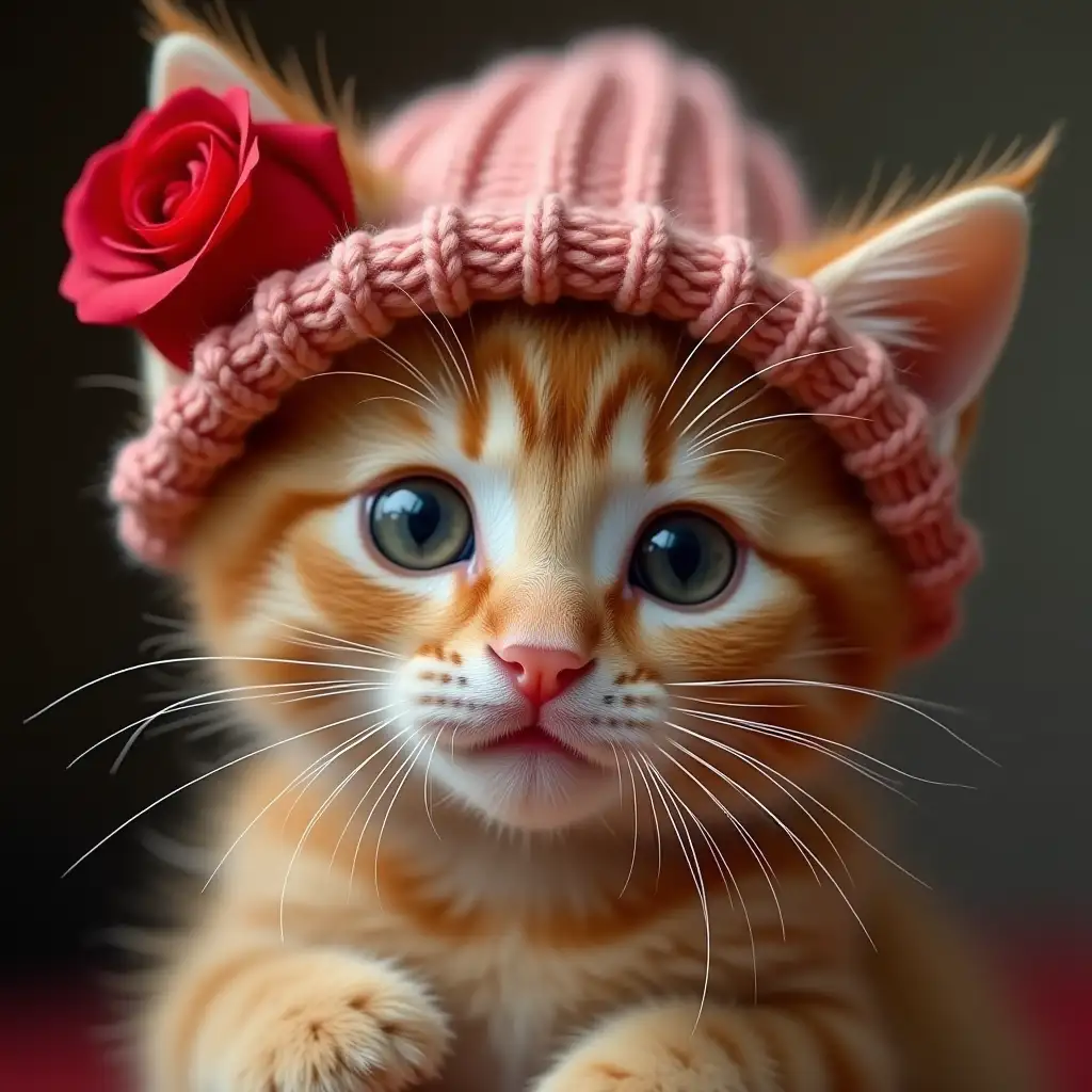 ginger sweet real kitten in a knitted hat with a red rose by the ear, and diamond earrings hang on his ears, and lipstick is applied to lips, big eyelashes