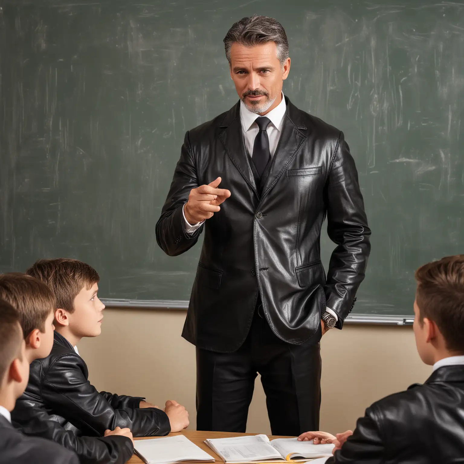 handsome middle-aged man, wears tailored black leather suit as he lectures a class of young male students