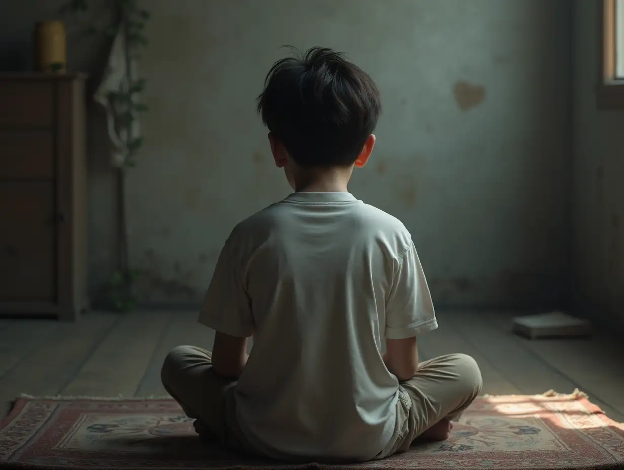 Create a highly detailed, photorealistic image of an 18-year-old boy sitting. The boy is seated with his back facing the viewer, wearing a simple, casual outfit. His posture should convey a sense of calm and contemplation, the folds of his clothing, The boy's face is not visible, emphasizing the mood and environment rather than his identity. The overall atmosphere should feel serene and timeless.