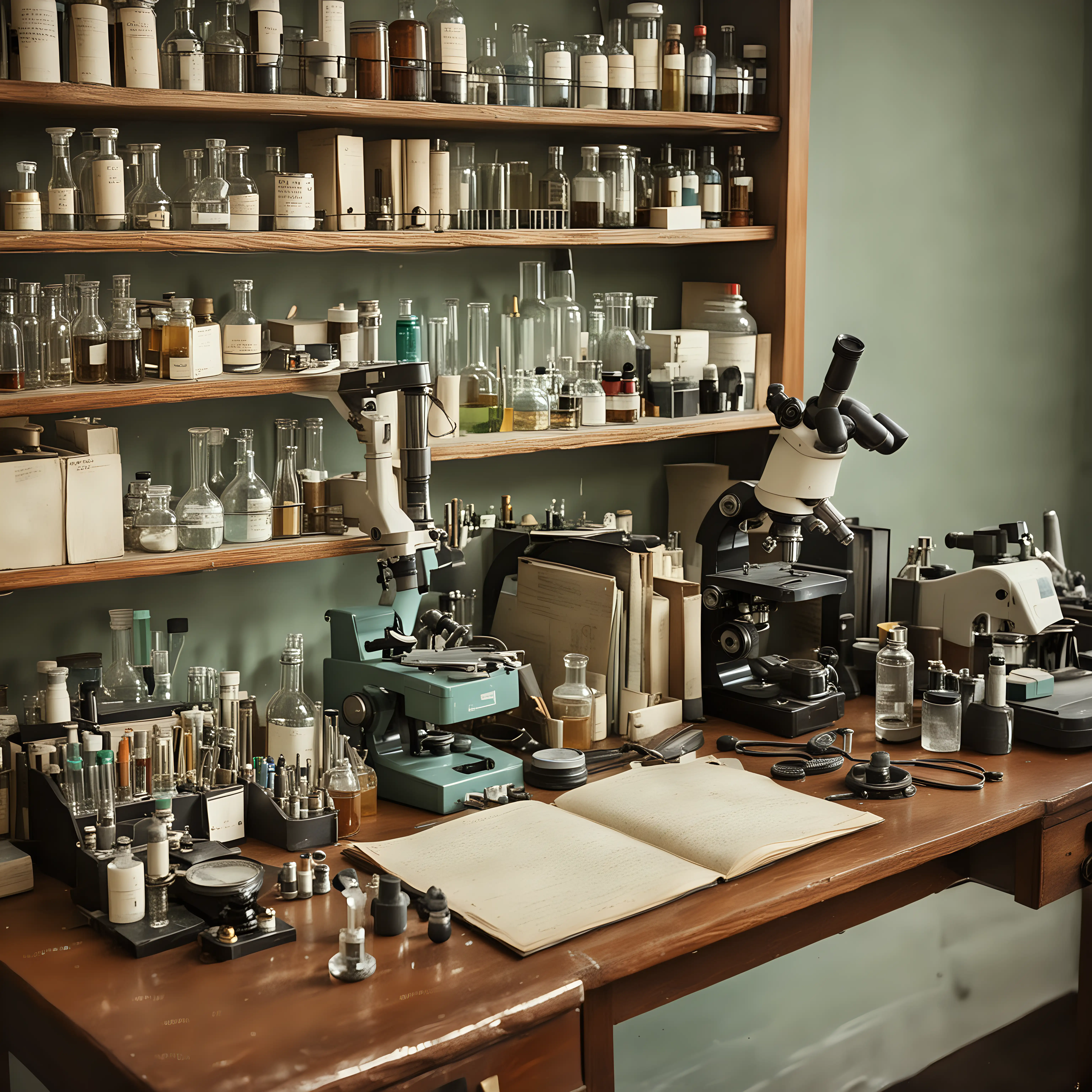 view strictly from the front: a modern chemist's desk. Monitor, microscope, flasks, retorts, papers with notes. Color image.