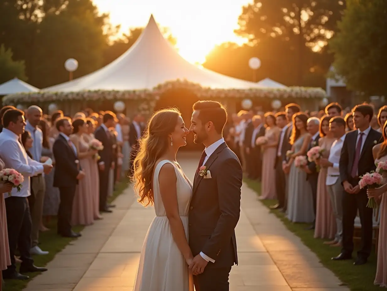 the newlyweds are standing in the center of a large area decorated in the style of a wedding, many smartly dressed people are standing around them and looking at them with joyful faces celebrating their wedding, behind you can see an open street stage with a round (like a 'shell') white roof and on the stage someone is singing to live music, all this is in nature, a sunset sunny day and a lot of sunset sunlight, the newlyweds are in focus, and the background behind them is blurred