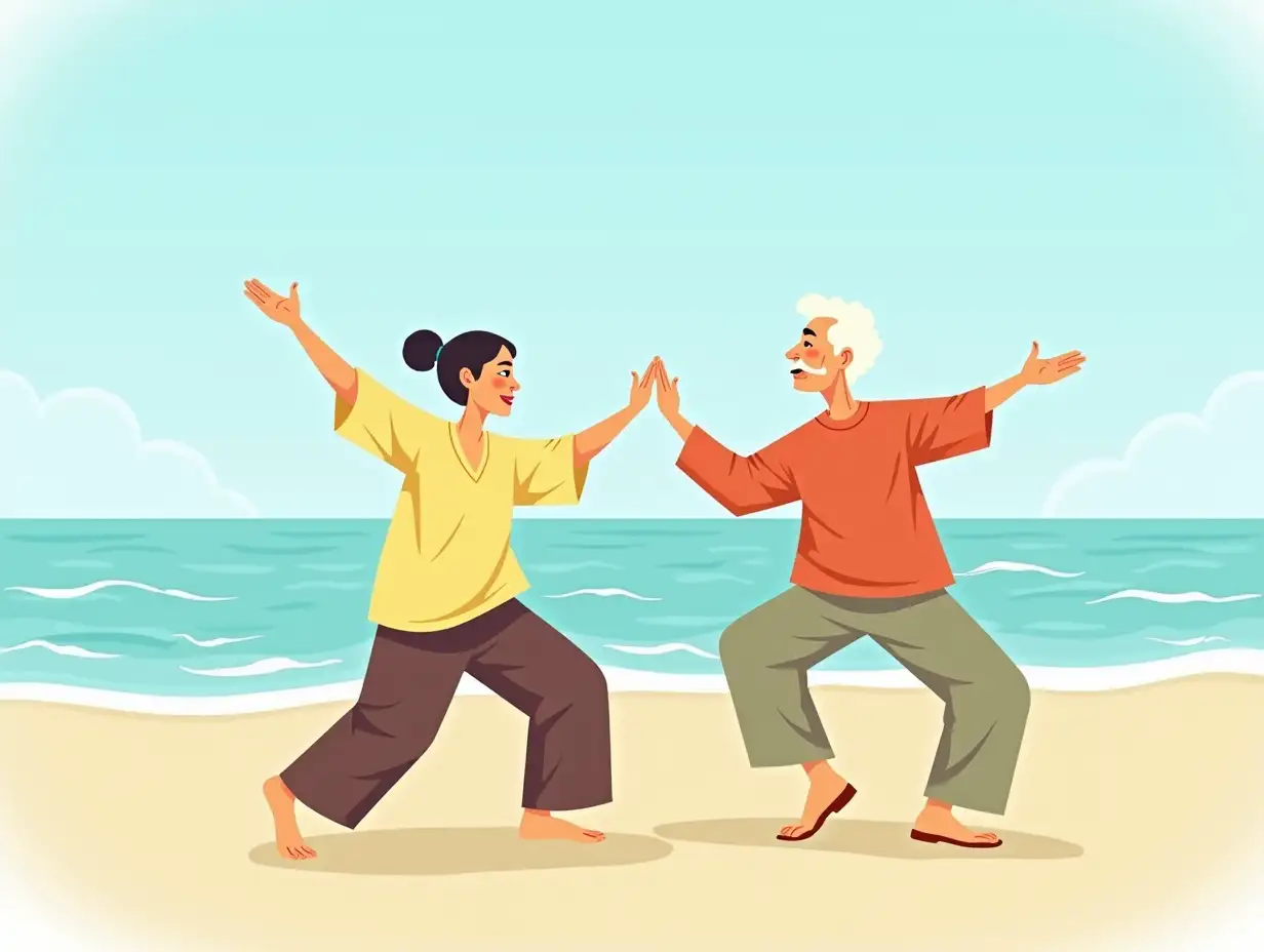 cartoon character, old asian couple doing Taichi exercises at the beach