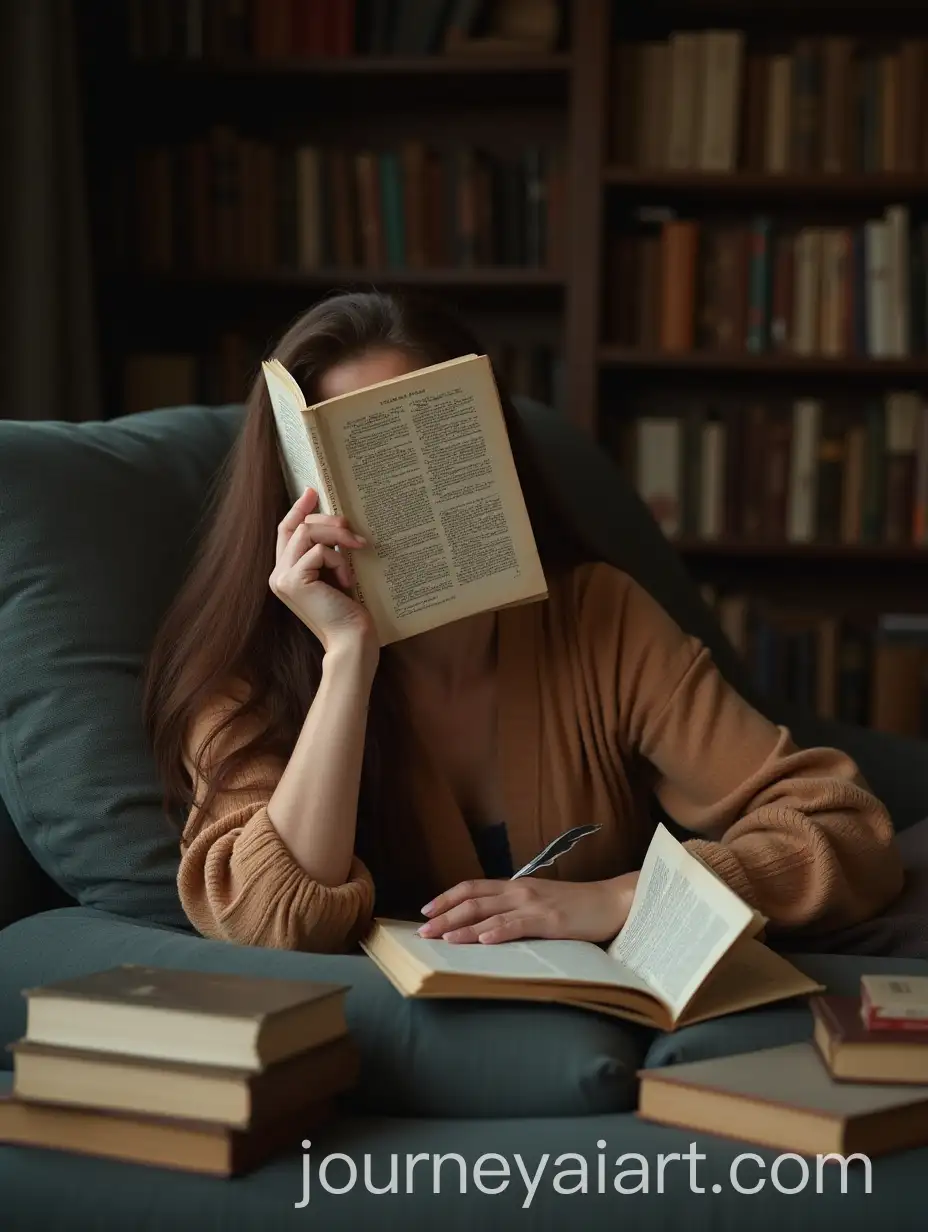 Woman-Sleeping-on-Couch-Surrounded-by-Books-and-Holding-a-Quill