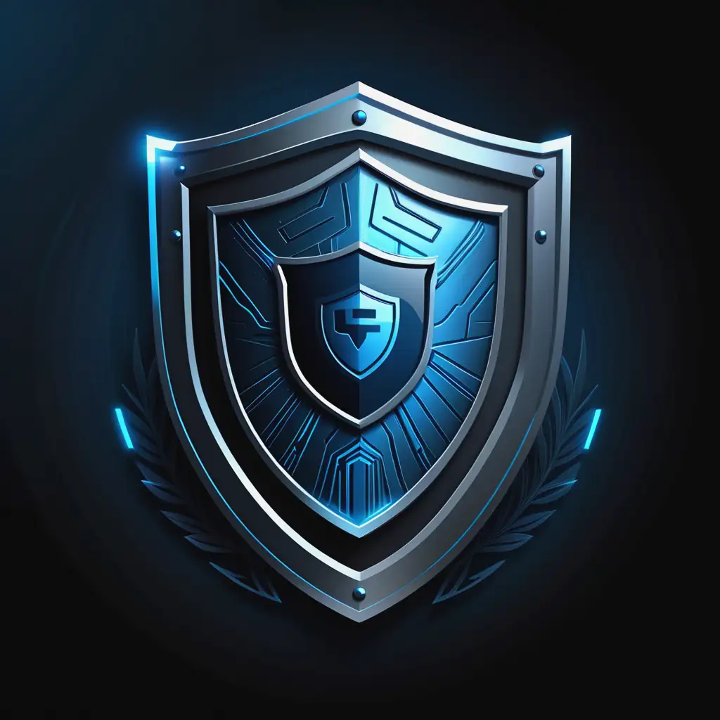 A futuristic logo design featuring a shield. The shield should have a high-tech, cybernetic texture, symbolizing cutting-edge network technology and cybersecurity. The design should evoke a sense of authority and protection, reminiscent of law enforcement agencies like the police. The color scheme should blend metallic blues and blacks with hints of neon, emphasizing a sleek, modern, and secure feel. The overall aesthetic should combine elements of the digital world with a strong, authoritative presence