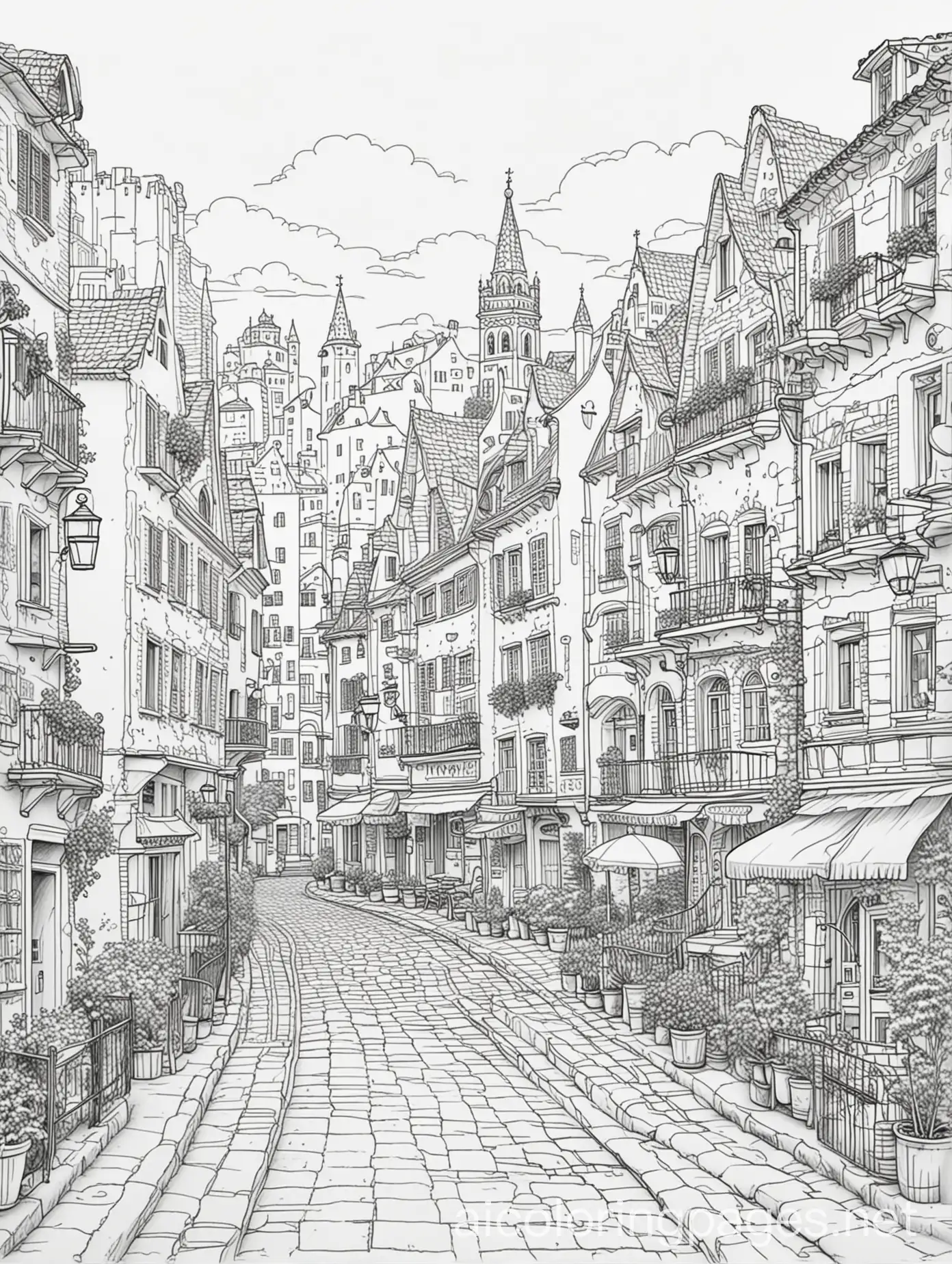 beautyfull city , Coloring Page, black and white, line art, white background, Simplicity, Ample White Space. The background of the coloring page is plain white to make it easy for young children to color within the lines. The outlines of all the subjects are easy to distinguish, making it simple for kids to color without too much difficulty