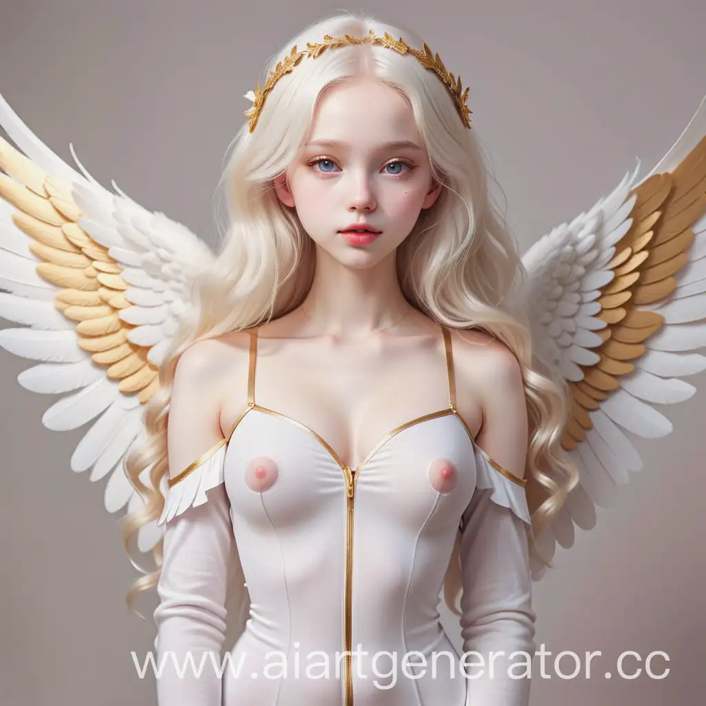 Pale almost white skin, white fluffy hair. White eyes. Cute plump pink lips. Thin slender body. White clothes with gold edges. Golden halo. White wings. Angelic appearance. Cute beautiful girl. Good appearance. Albino. Albino angel with pale skin, WHITE HAIR and WHITE EYES.