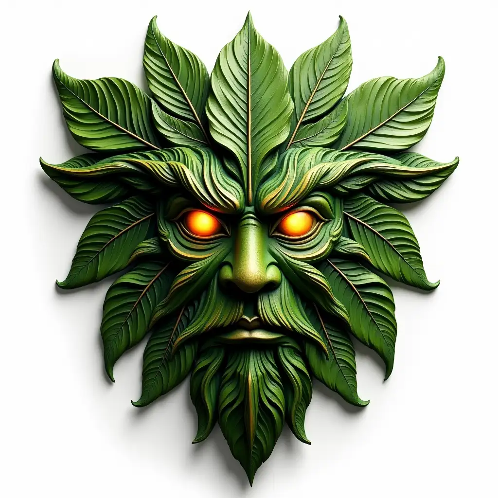 a carved wooden mask, a magnificent work of art, on a white background, a formidable and majestic forest spirit Celtic Greenman with golden eyes made of a lot of variety symmetrical and beautiful green and golden leaves, clearly detailed and realistic, hyperrealism