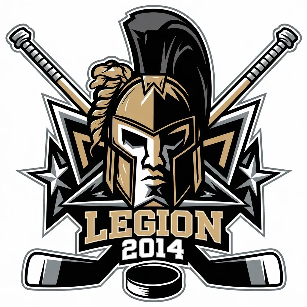 a vector logo design,with the text "LEGION 2014", main symbol:Legionnaire mask black and golden, puck, hockey stick,complex,clear background