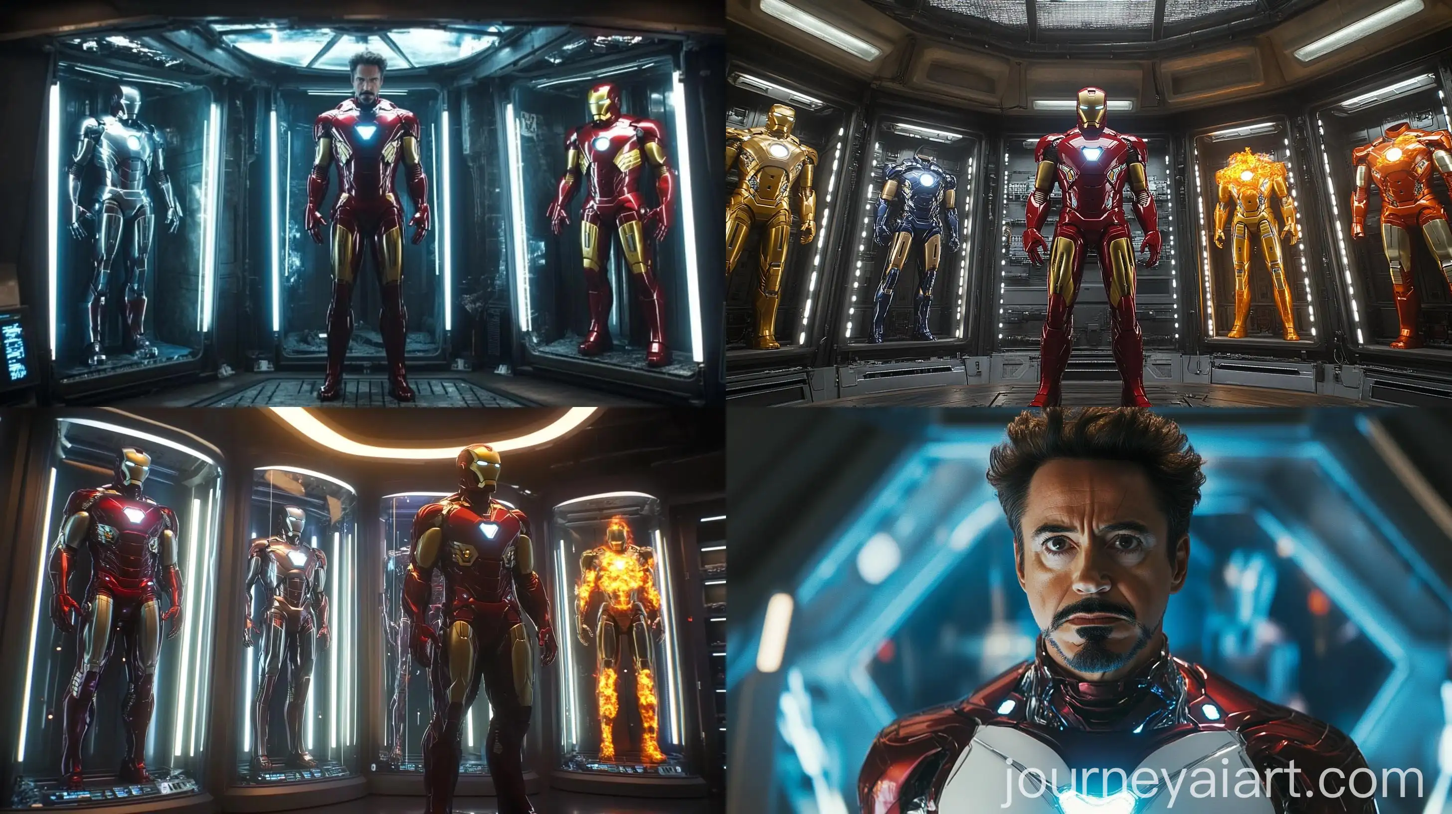 Tony-Starks-Iron-Man-Suit-Collection-Futuristic-Lab-Display-with-Ice-and-Fire-Abilities