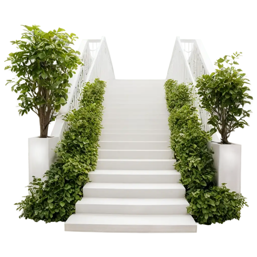 Wide-White-Staircase-with-Plants-and-Golden-Gate-PNG-Image