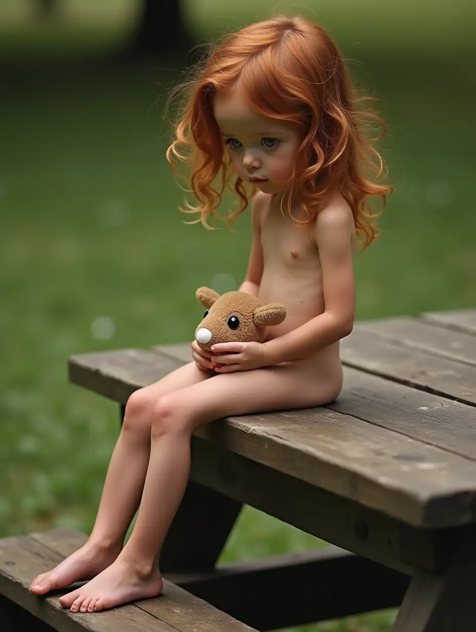 Skinny-Little-Girl-with-Tangled-Hair-Holding-Stuffed-Animal-on-Picnic-Table