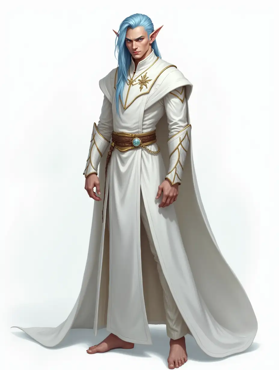 Full-body character design, male elf, semi-realistic fantasy style. Mid-20s, tall height, athletic lean build, fair skin. Long light blue hair in a slick back style with long side bangs. Silver eyes, piercing expression. sharp facial features. Outfit: white arch-priest clothes with gold accents. Smug and confident posture. Soft lighting, solid white/grey background. Intricate details, sharp focus, painterly textures, mystical atmosphere.