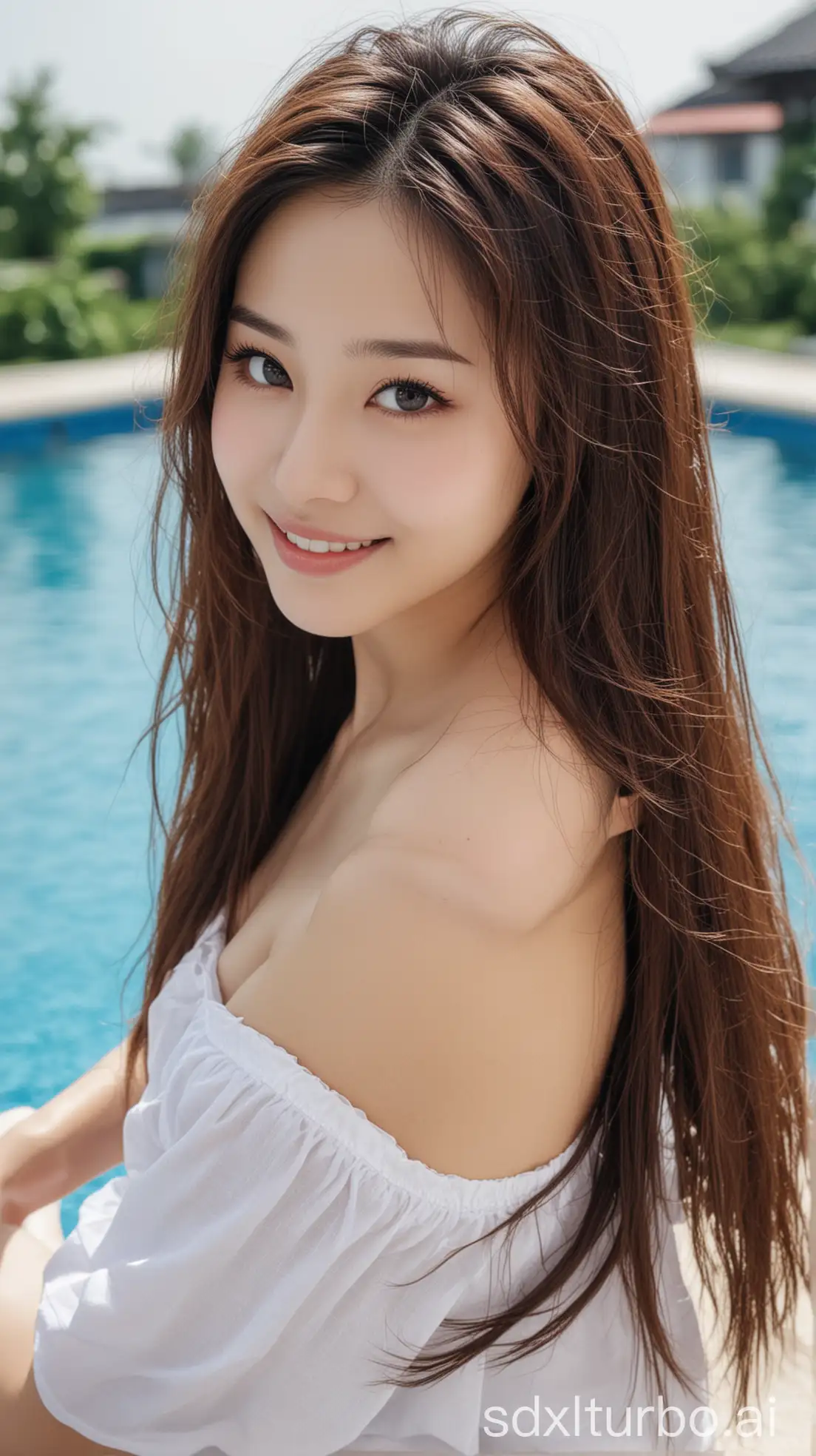 Chinese-Beauty-with-Sweet-Smile-by-the-Poolside-under-Blue-Sky