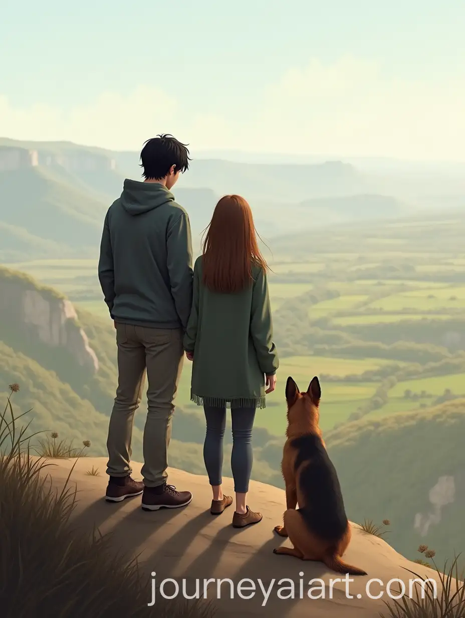 Couple-with-Dog-on-Cliff-Overlooking-Scenic-Landscape