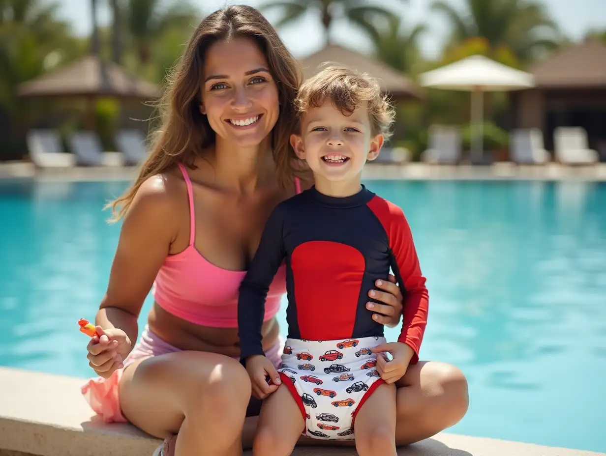 Teen-Boy-in-Race-CarThemed-Swimwear-with-Carer-at-Resort-Pool