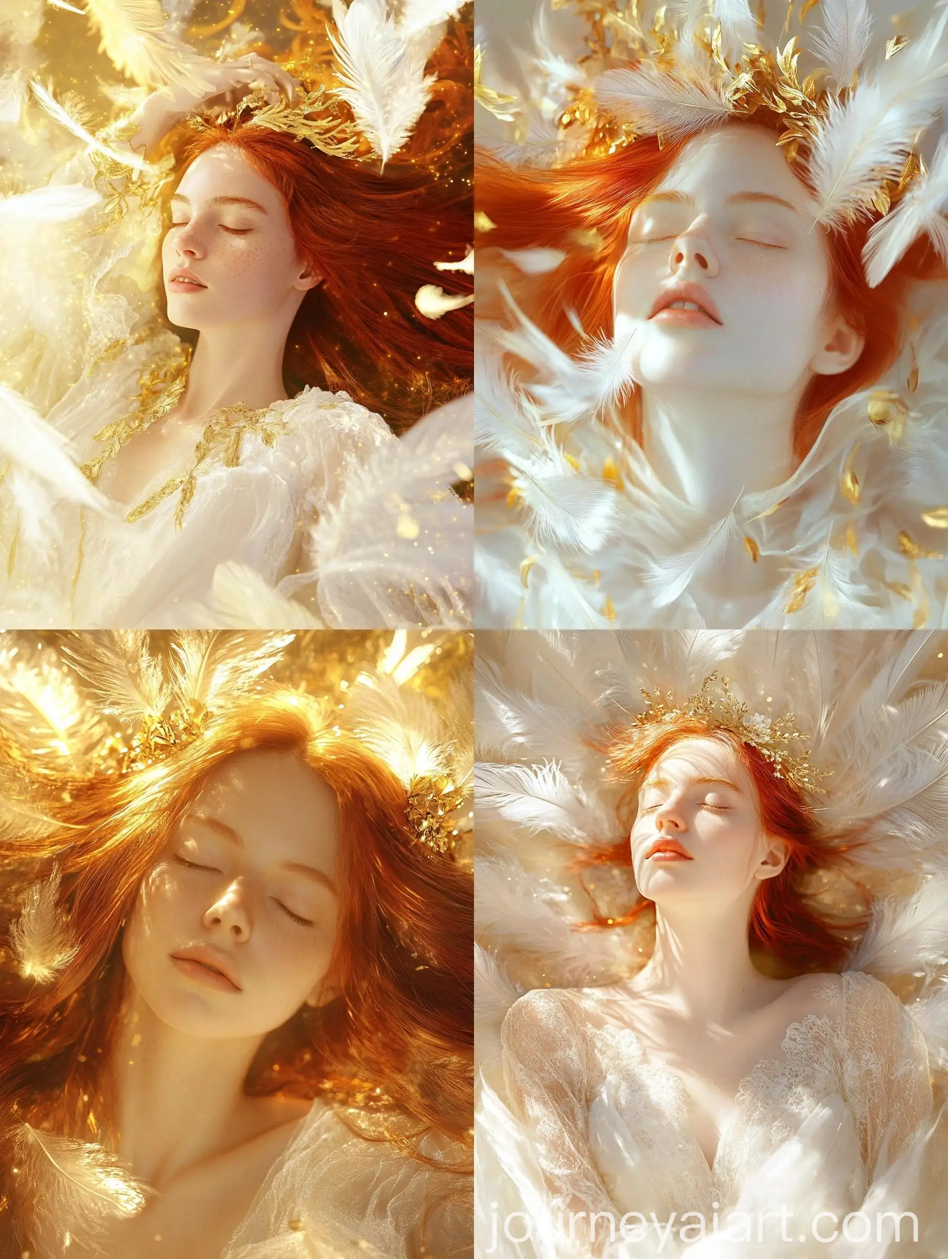 Ethereal-Woman-Surrounded-by-Feathers-in-Golden-Crown-and-Gown