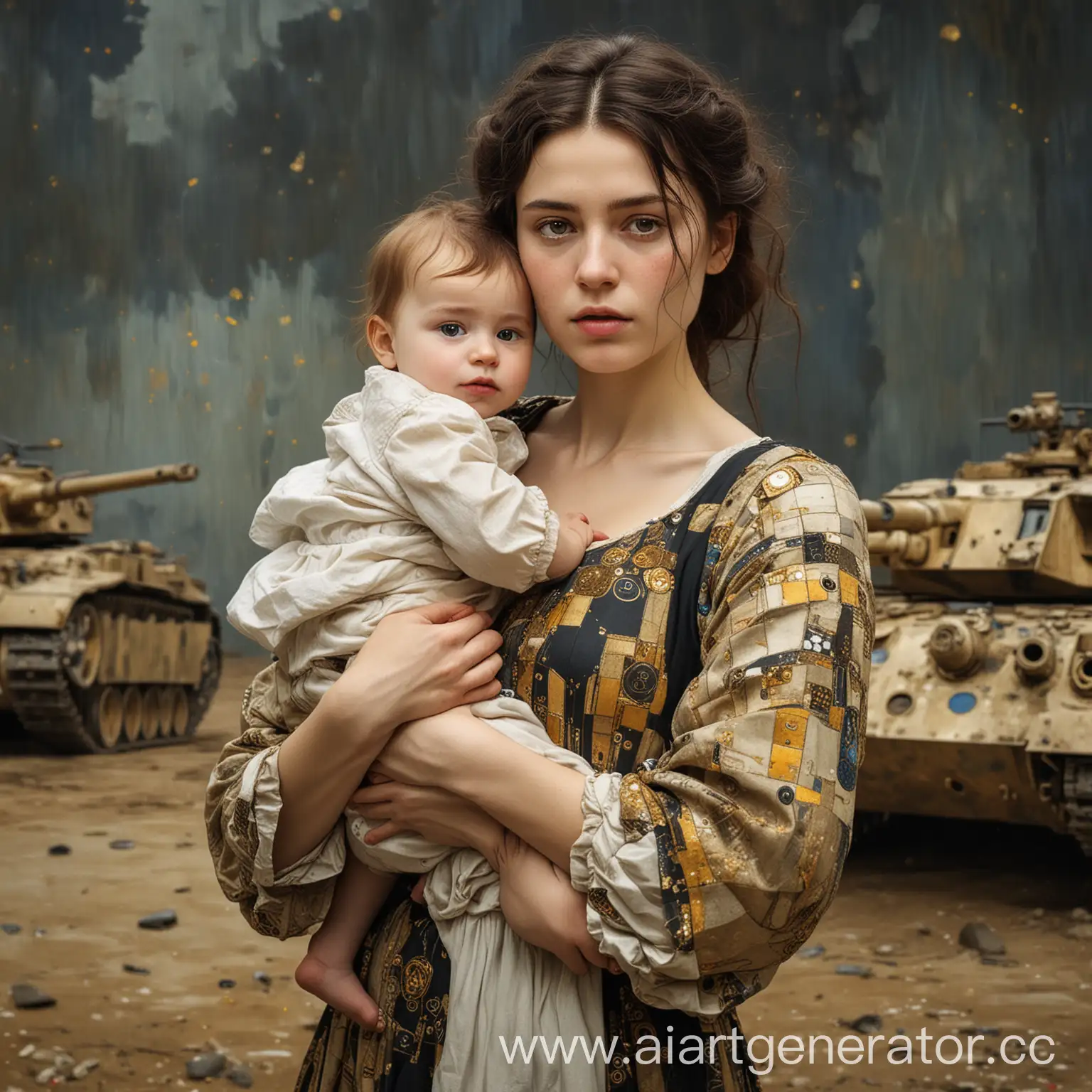 Mother-Holding-Child-Amidst-War-and-Destruction-in-Gustav-Klimt-Style