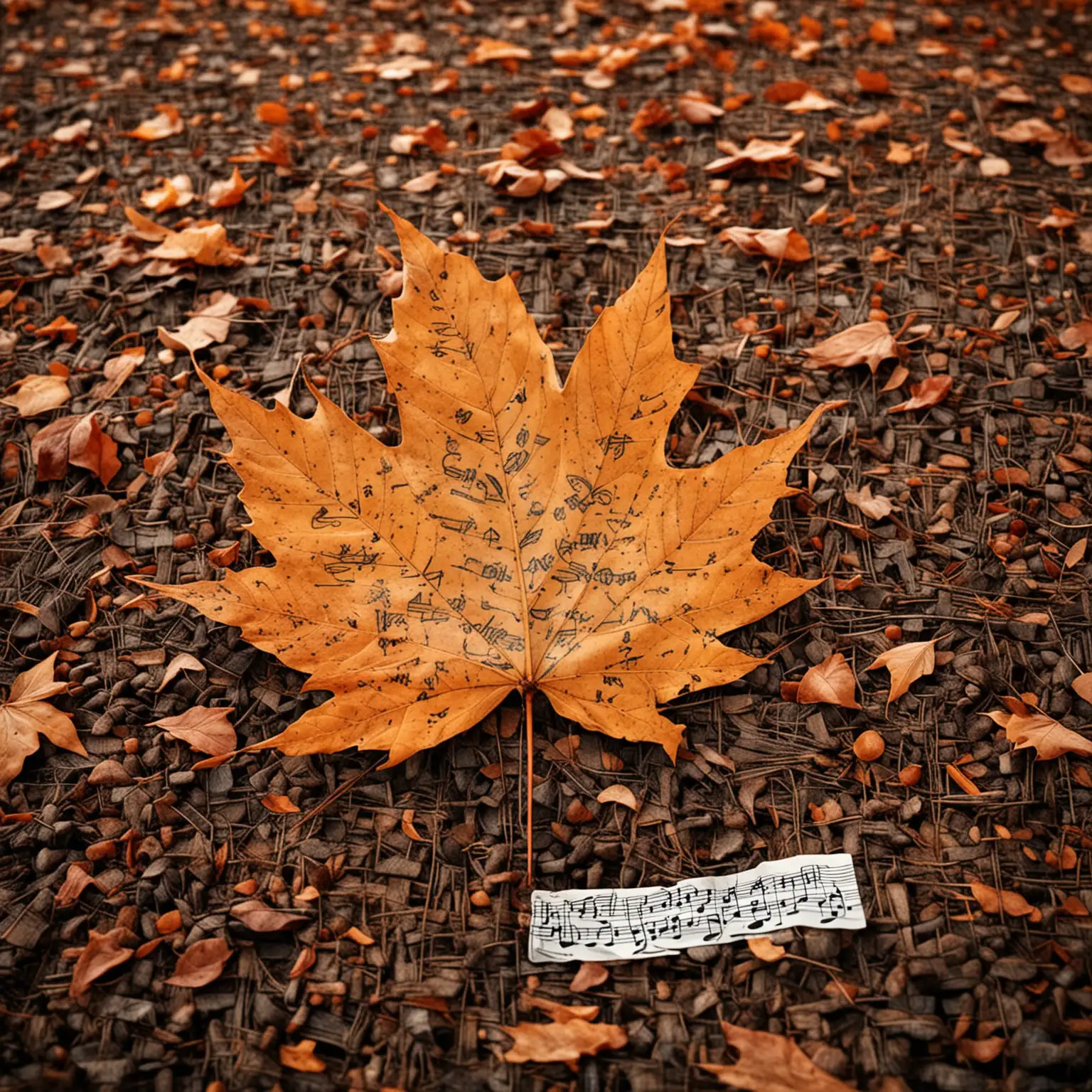 Autumn Leaf Adorned with Music Notes in a Serene Landscape