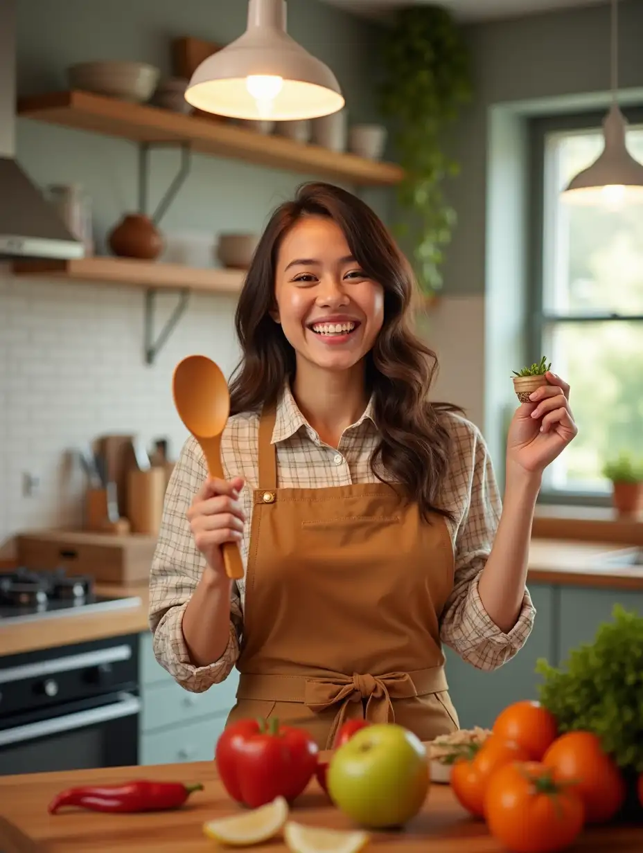 Young-Influencer-in-Modern-Kitchen-with-Playful-Chefs-Apron-and-Wooden-Spoon