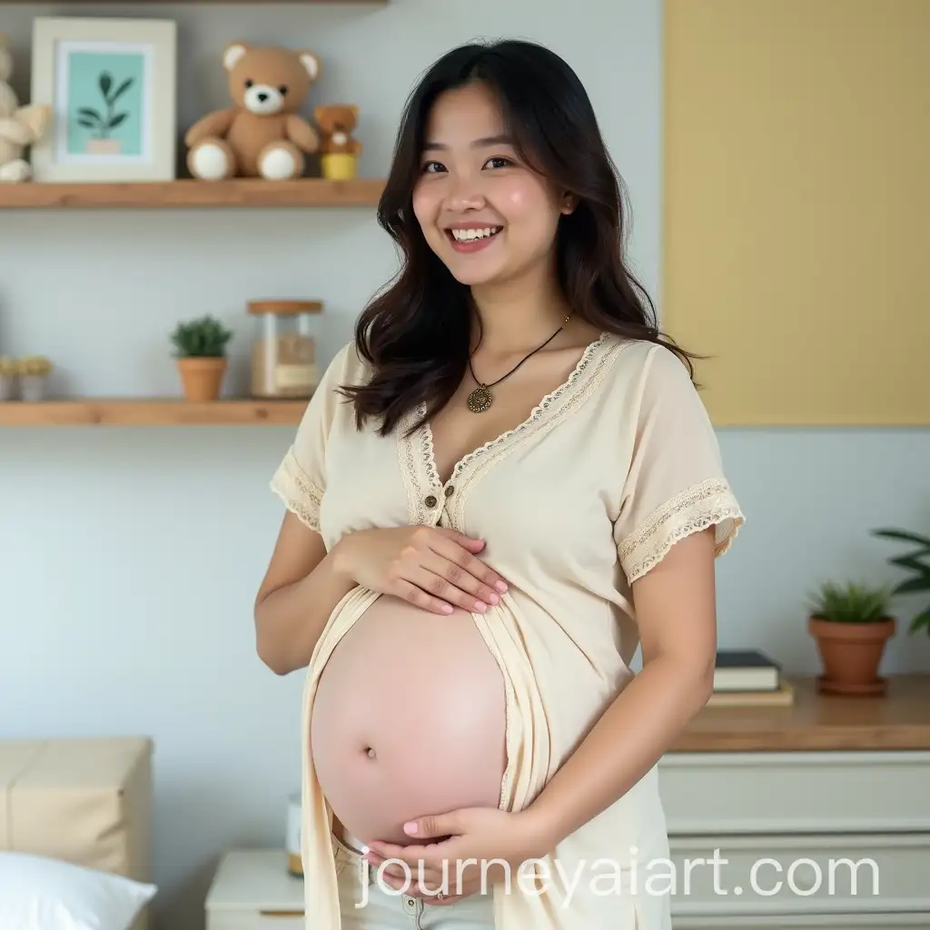 Pregnant-Asian-Woman-in-Light-Beige-Blouse-in-Brightly-Lit-Room