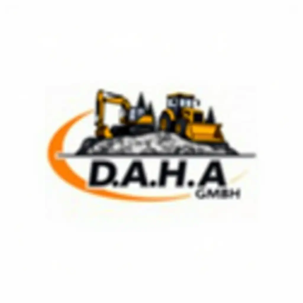 Please create a logo similar to the one shown. The logo should feature two construction vehicles, such as an excavator and a bulldozer, in a similar style. The vehicles should be in black and yellow colors with some trees in the background, resembling a construction or heavy machinery theme. Include bold, uppercase letters for the brand name in a striking font, positioned in the center of the logo. There should be a slogan space below the brand name, with a clean and professional design. The overall feel should be modern and dynamic, with an orange curved swoosh around the brand name D.A.H.A Gmbh