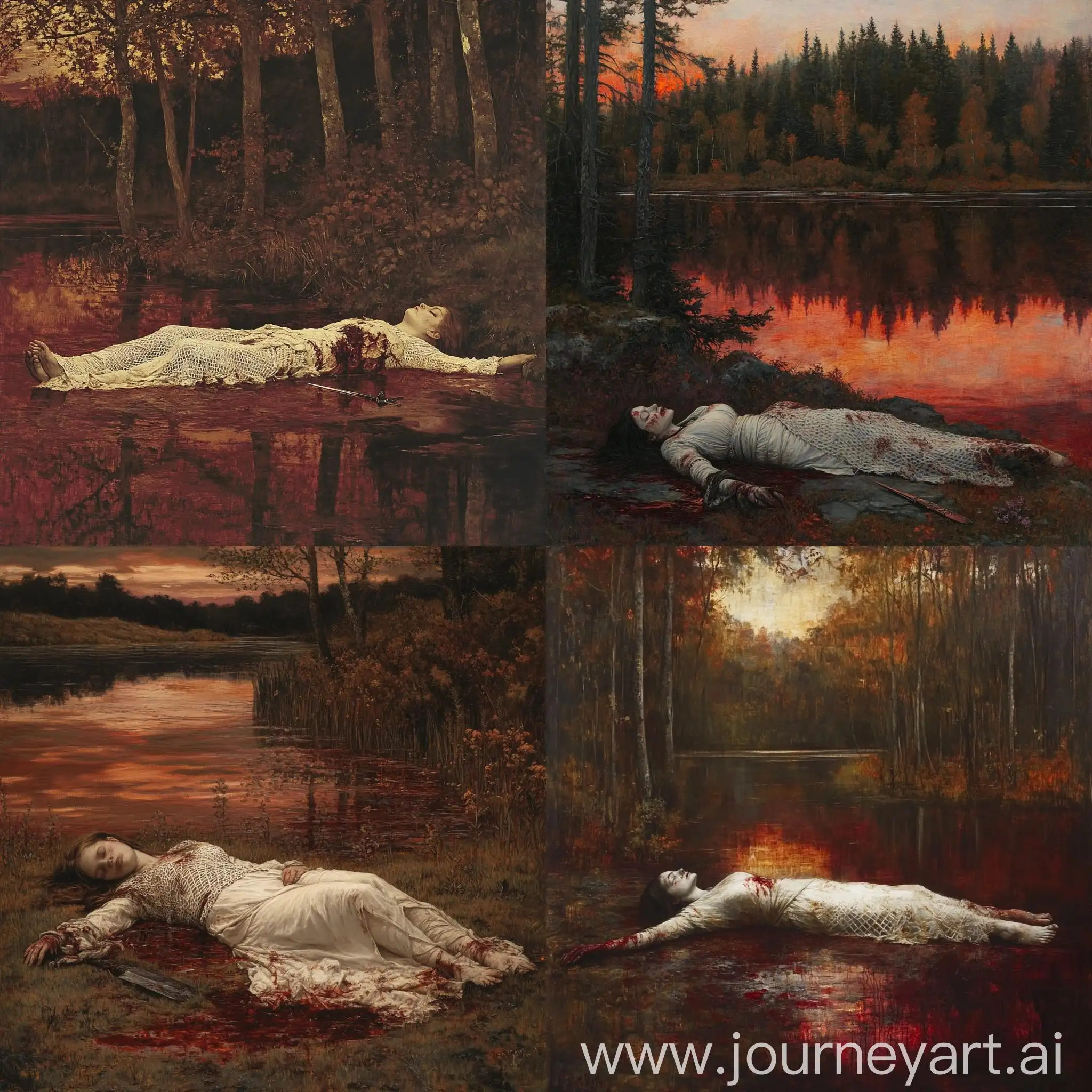 Medieval-Tragedy-BloodStained-Woman-by-the-Lake-at-Dawn