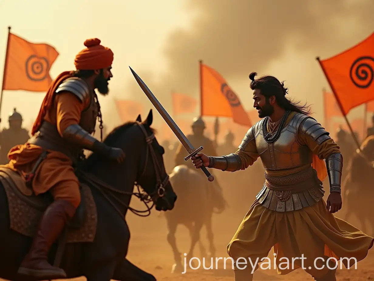 Shivaji-Maharaj-in-Battle-with-Portuguese-Opponent-on-Chaotic-Battlefield