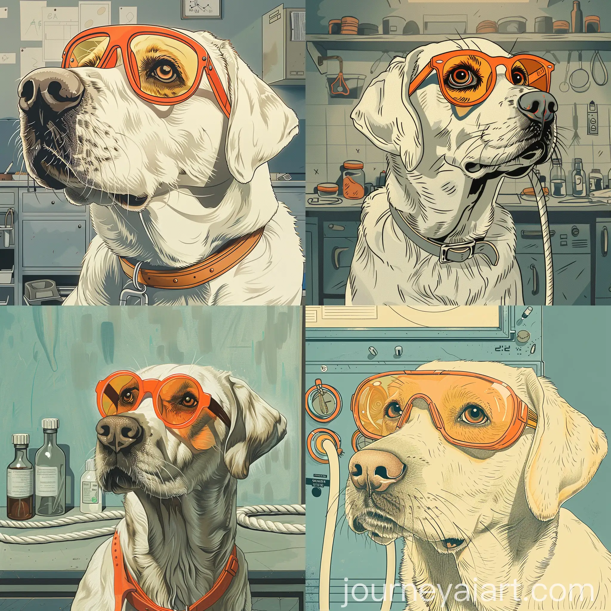 Labrador-Dog-in-Science-Laboratory-with-Orange-Glasses-and-Veterinarian-White-Robe