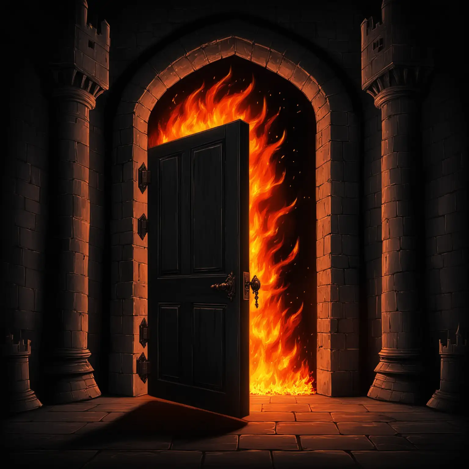 Dark Castle Interior with HalfOpen Door and Fiery Ambiance