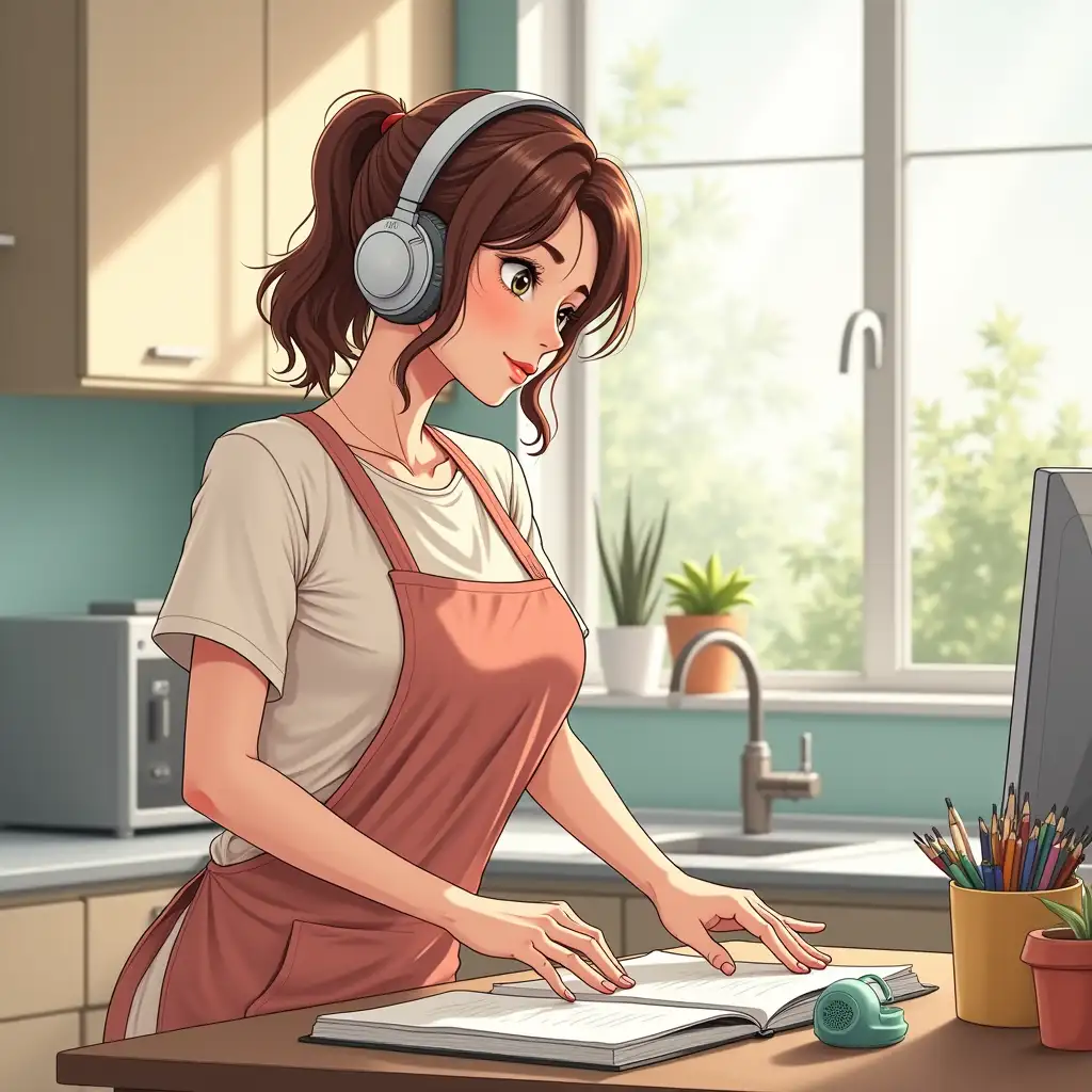 create a full color manga image in 16:9 aspect ratio of a 30-year-old woman doing household chores with music headphones on while working at home doing housework