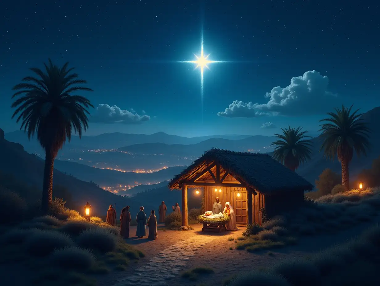 Visualize the holy night in Bethlehem, a serene and sacred town surrounded by rolling hills under a starry sky. At the heart of the scene, a humble stable glows with divine light emanating from the manger where baby Jesus lies, wrapped in soft cloth. Mary and Joseph watch over Him with love and reverence. Above the stable, a magnificent star shines brightly, guiding shepherds and wise men who approach with gifts and devotion. Angels appear in the sky, their wings illuminated, singing praises of peace and salvation. The surrounding town is quiet yet filled with an air of anticipation and joy. The natural beauty of the setting is highlighted with palm trees, a gentle breeze, and the soft glow of lanterns from nearby homes. The scene captures the miracle of Jesus’ birth, symbolizing hope, love, and light for humanity.cinematic 8k ultra Hd high quality image