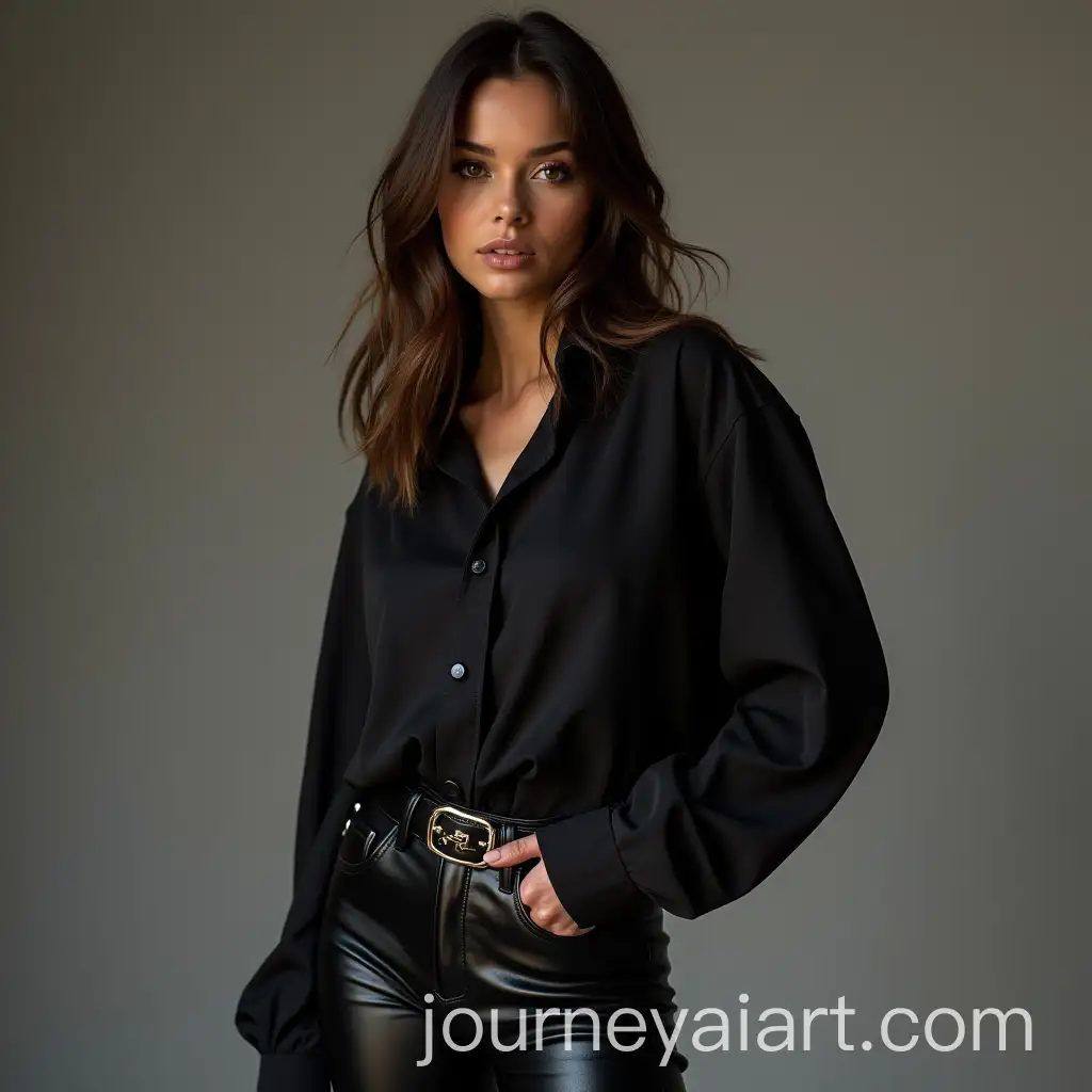 Stylish-Woman-in-Black-Leather-Pants-and-Shirt
