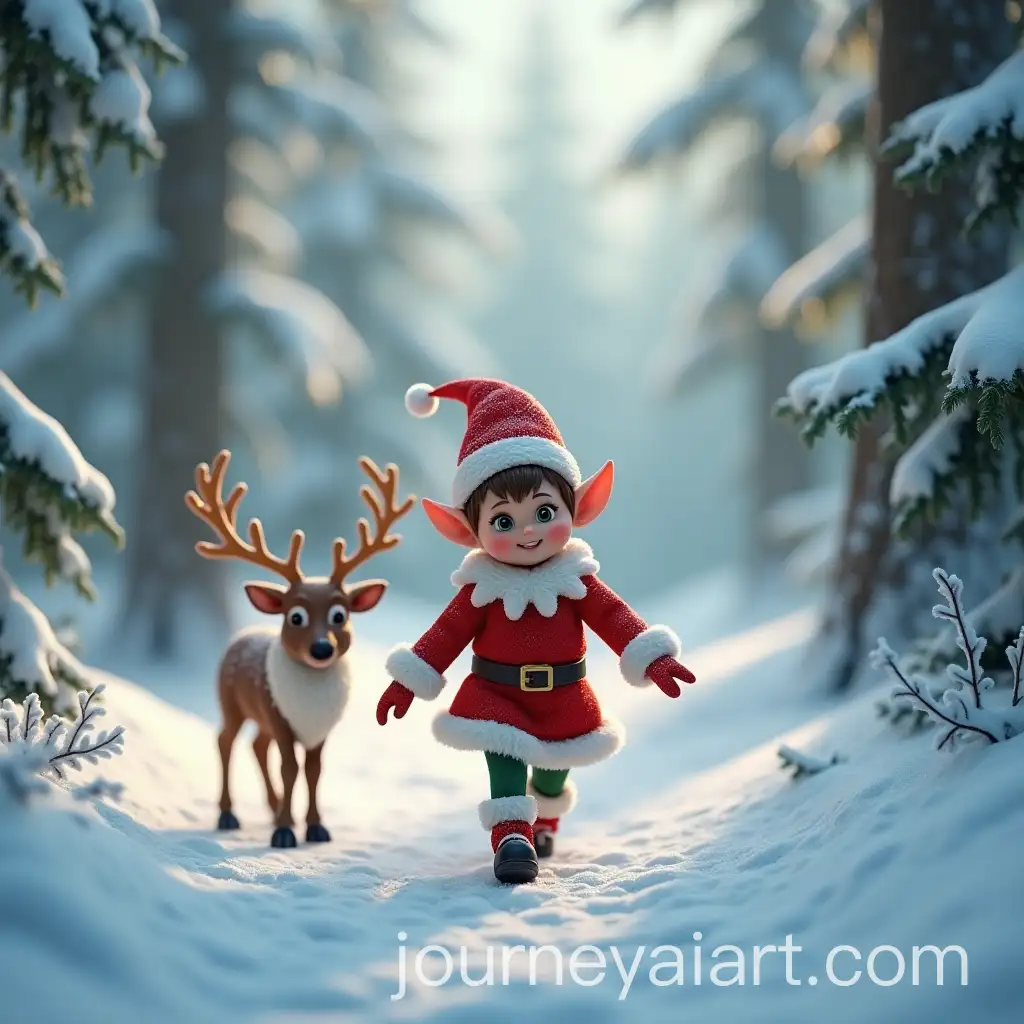 Adorable-Elf-and-Young-Reindeer-in-Enchanted-Snowy-Forest