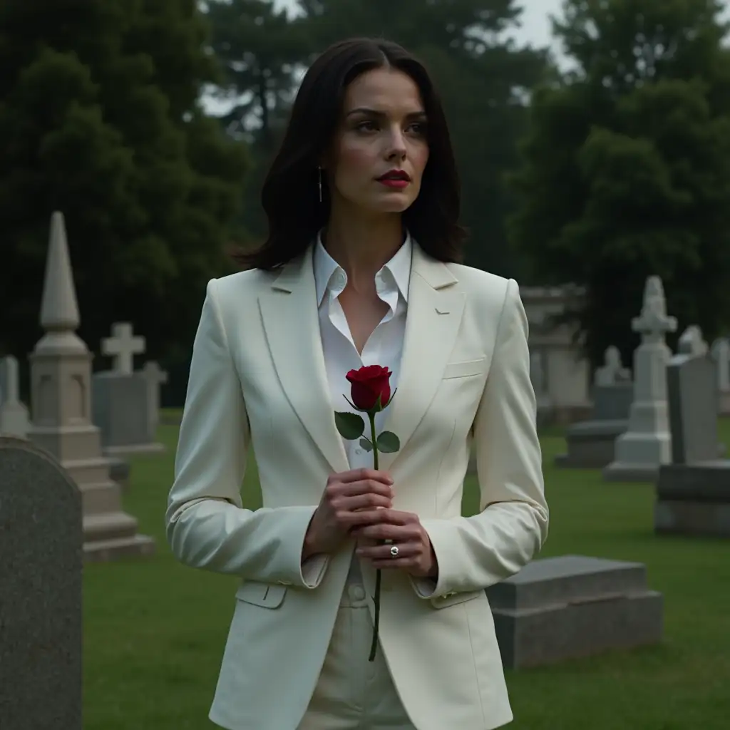 Teagan-Croft-as-Lucifers-Female-Vessel-in-White-Suit-Holding-Rose-Outside-Graveyard