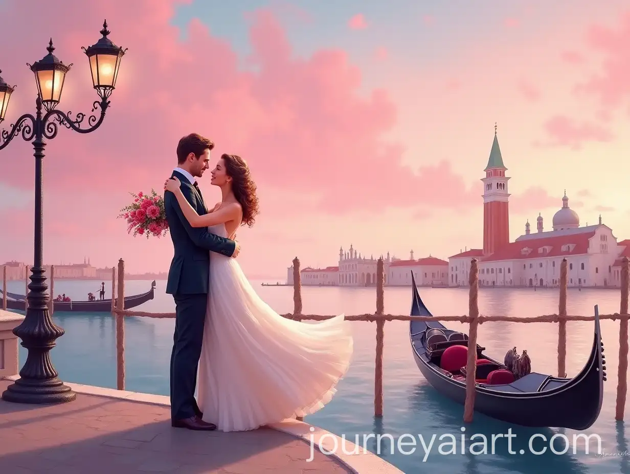 Elegant-Couple-Embracing-on-Venice-Bridge-at-Sunset