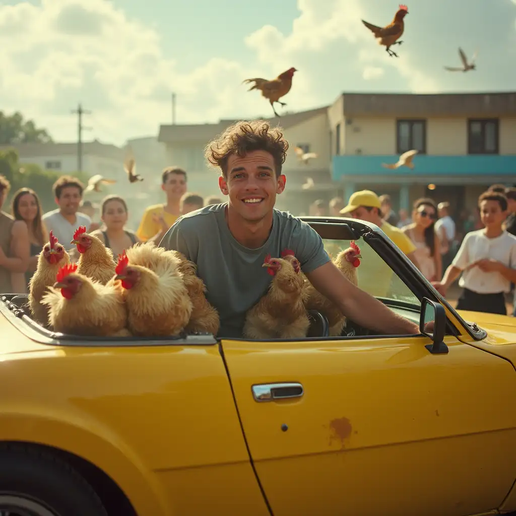 Scottish-Young-Man-Battling-Chickens-in-a-Yellow-Car