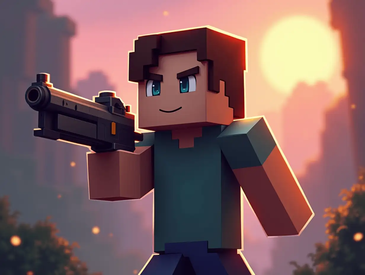 Game character icon from minecraft with a blaster in hand, digital drawing, beautiful background